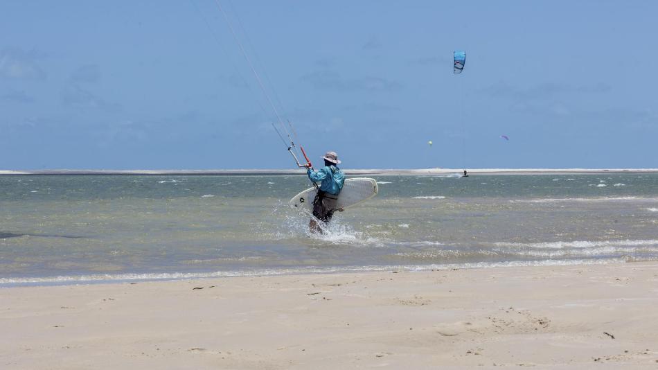 kitesurfer launching in the lagoon in Atins Brazil
